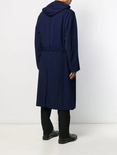 Shop Yohji Yamamoto Hooded Midi Trench Coat In Blue