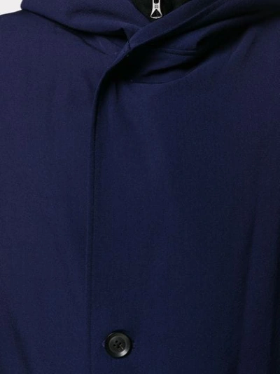Shop Yohji Yamamoto Hooded Midi Trench Coat In Blue