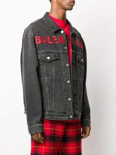 Shop Balenciaga Embroidered Logo Denim Jacket In Grey