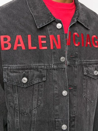 Shop Balenciaga Embroidered Logo Denim Jacket In Grey