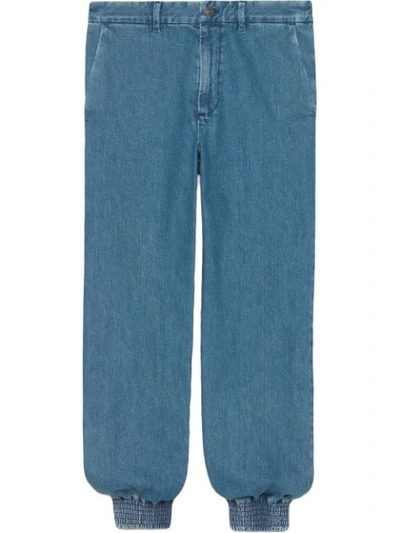 Shop Gucci Marble Washed Denim Track Pants In Blue