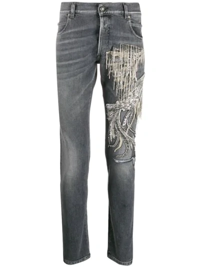 Shop Balmain Chain-embellished Slim-fit Jeans In Grey