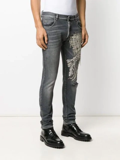 Shop Balmain Chain-embellished Slim-fit Jeans In Grey