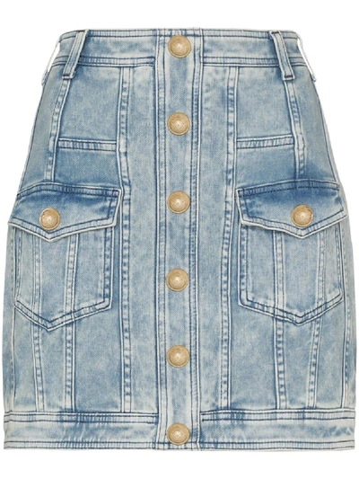 Shop Balmain Buttoned Denim Mini Skirt In Blue