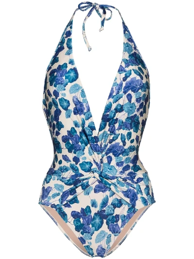 Shop Adriana Degreas Flower Halterneck Swimsuit In Blue