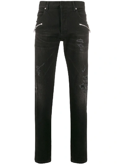 Shop Balmain Zipped Details Slim-fit Jeans In Black