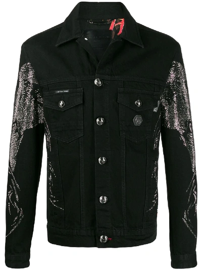 Shop Philipp Plein Psychosocial Skull-embellished Denim Jacket In Black