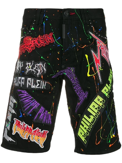 Shop Philipp Plein Logo Patchwork Shorts In Black