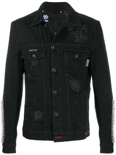 Shop Philipp Plein Studded Sleeve Distressed Denim Jacket In Black