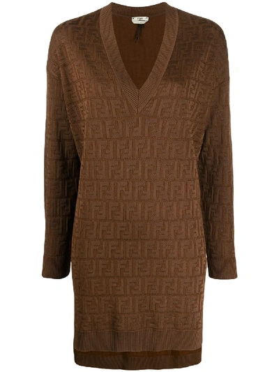 Shop Fendi Ff Logo Long Jumper In Brown