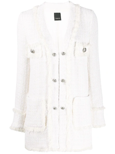 Shop Pinko Longline Frayed Trim Tweed Blazer In White