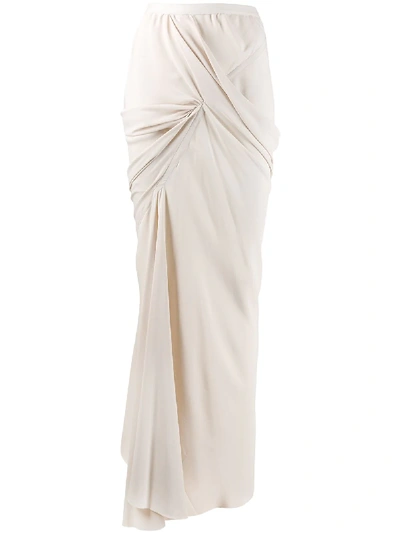 Shop Rick Owens Long Draped Ruched Detail Skirt In Neutrals