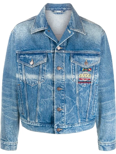 Shop Gucci Embroidered Denim Jacket In Blue