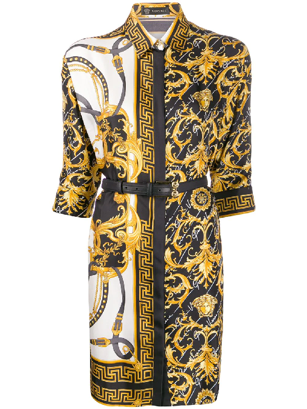 Versace Baroque Print Shirt Dress In Yellow | ModeSens