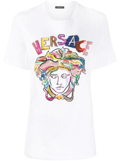 Shop Versace Beaded Printed T-shirt In White