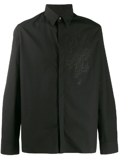 Shop Fendi Monogram Detail Button Up Shirt In Black