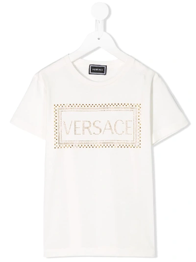 Shop Young Versace Studded Logo Embellished T-shirt In White