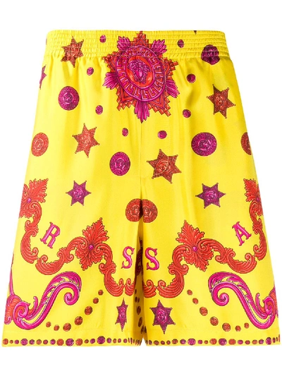 Shop Versace Baroque Western Silk Swim Shorts In Yellow