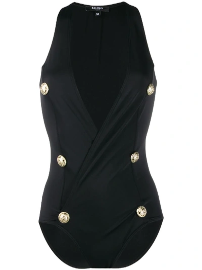 Shop Balmain Decorative Buttons Wrap Swimsuit In Black