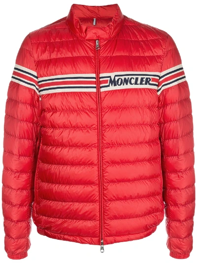Shop Moncler Padded Logo Stripe Jacket In Red