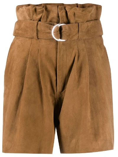 Shop P.a.r.o.s.h. Suede Paperbag Waist Shorts In Brown