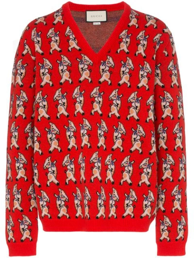 Shop Gucci Wool Pig Print V-neck Sweater In 6527 Red