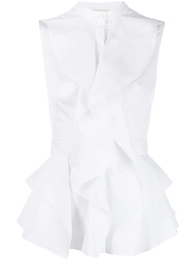 Shop Alexander Mcqueen Sleeveless Ruffle Cotton Shirt In White