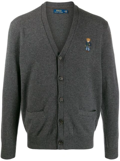 Shop Polo Ralph Lauren Embroidered Bear Cardigan In Grey