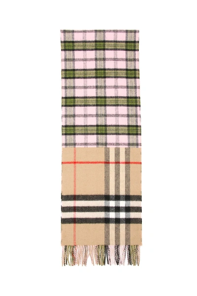 Shop Burberry Tartan And Giant Check Scarf In Candy Pink (beige)