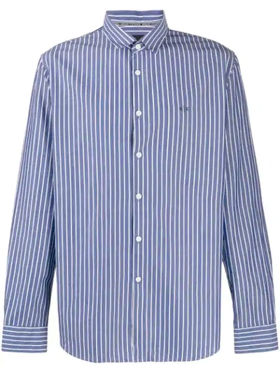 Shop Armani Exchange Striped Logo Embroidered Shirt In Blue