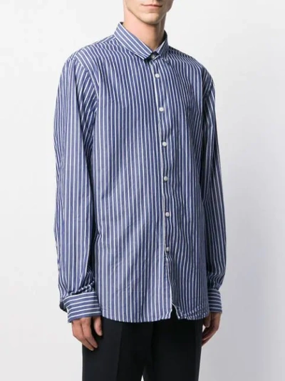 Shop Armani Exchange Striped Logo Embroidered Shirt In Blue