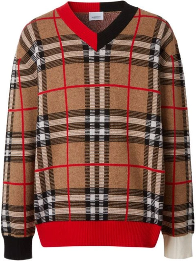 Shop Burberry Check Pattern Jacquard Jumper In Neutrals