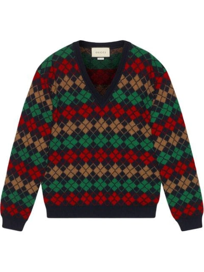 Shop Gucci Argyle Alpaca Wool V-neck Jumper In Blue