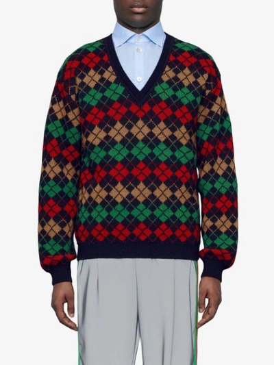 Shop Gucci Argyle Alpaca Wool V-neck Jumper In Blue