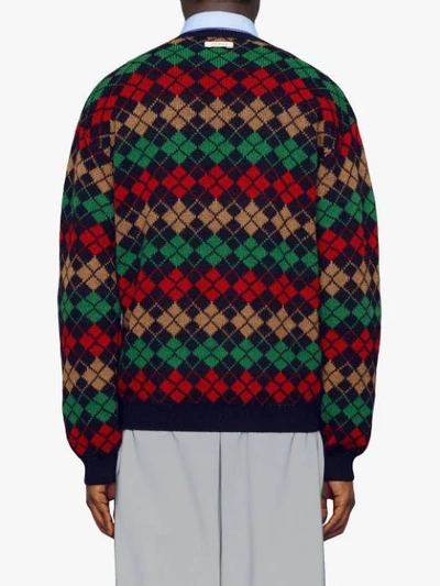 Shop Gucci Argyle Alpaca Wool V-neck Jumper In Blue