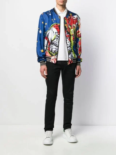 Shop Dolce & Gabbana Superhero King Print Bomber Jacket In Blue