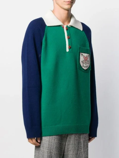 Shop Gucci Logo Patch Knitted Polo Shirt In Green ,blue