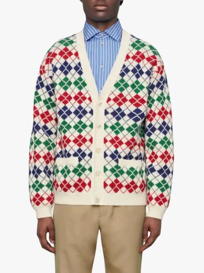 Shop Gucci Jacquard Print Wool Cardigan In White