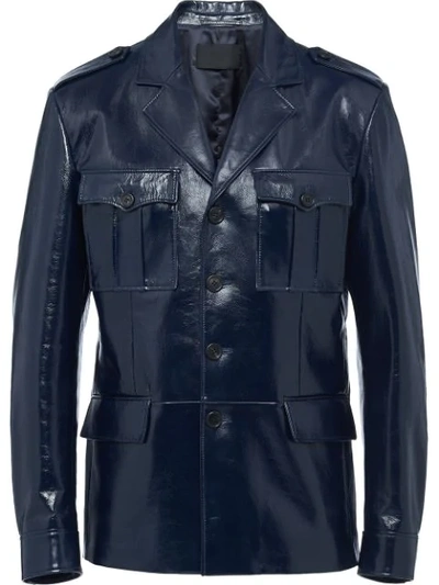 Shop Prada Lux Calf Leather Jacket In Blue