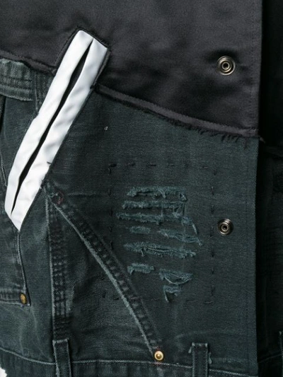 Shop Greg Lauren Asymmetric Satin And Denim Varsity Jacket In Black