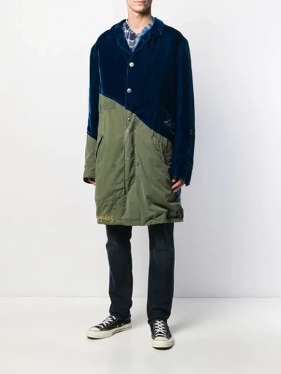 Shop Greg Lauren Velvet Contrast Military Coat In Blue