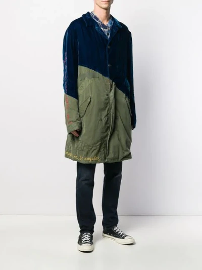 Shop Greg Lauren Velvet Contrast Military Coat In Blue