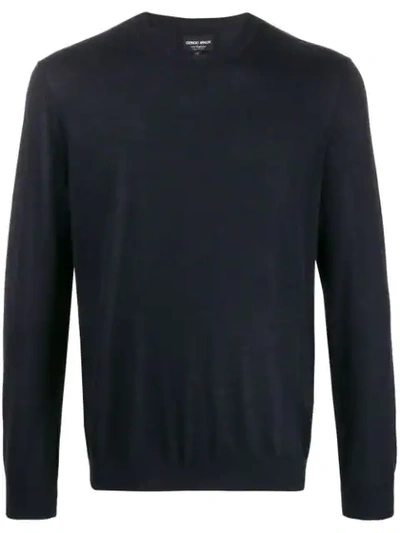 Shop Giorgio Armani Fine Knit Crew Neck Sweater In Blue