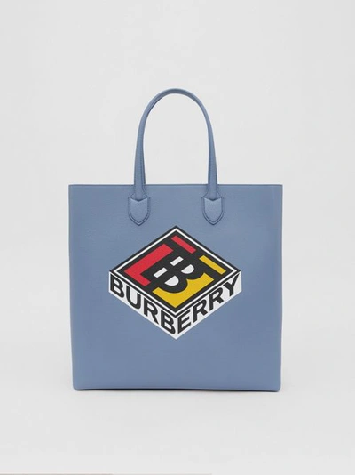 Shop Burberry Large Logo Graphic Grainy Leather Tote In Baby Blue