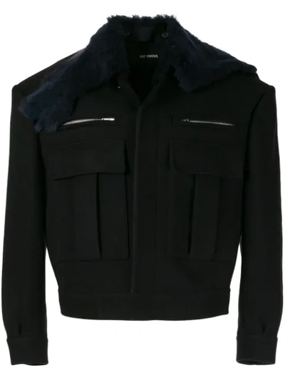 Shop Raf Simons Faux Fur Collar Jacket In Black