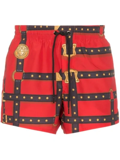 Shop Versace Harness Print Swim Shorts In Red