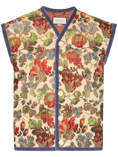 Shop Gucci Floral-embroidered Vest In Neutrals