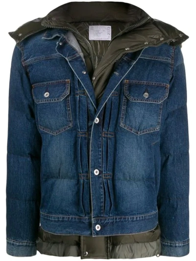 Shop Sacai Denim Layered Padded Jacket In Blue