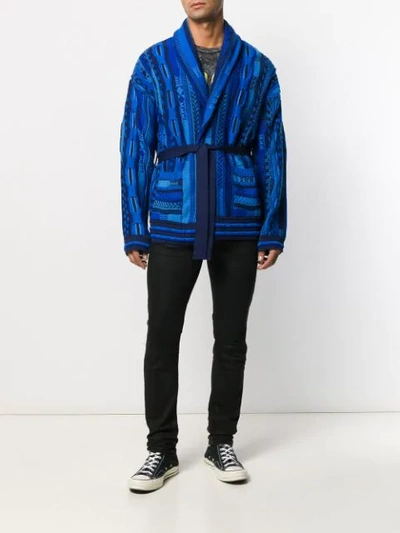 Shop Laneus Belted Abstract Cardigan In Var 1 Blu