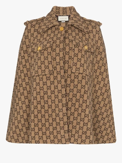 Shop Gucci Gg Logo Wool Cape In Brown